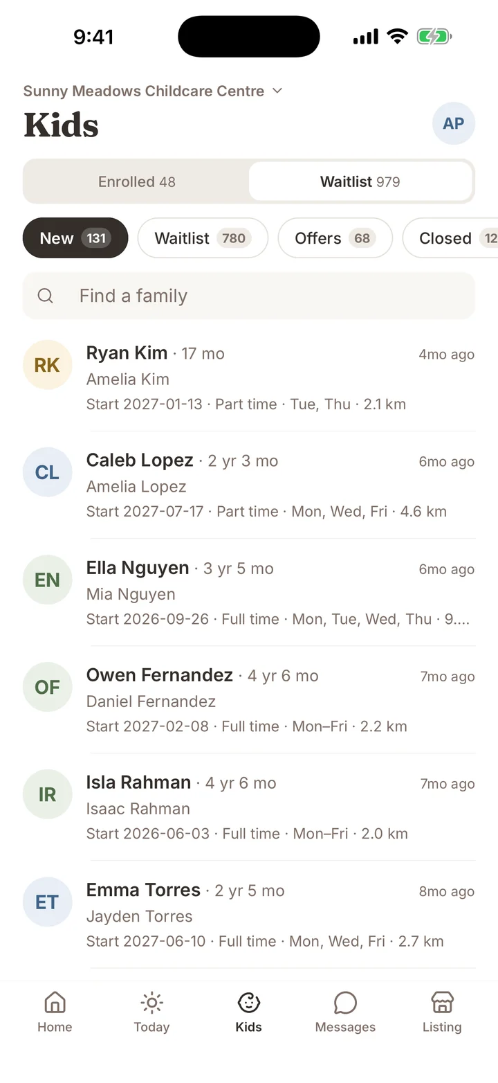 DaycareOn waitlist sorted into new, waitlist, offers and closed.