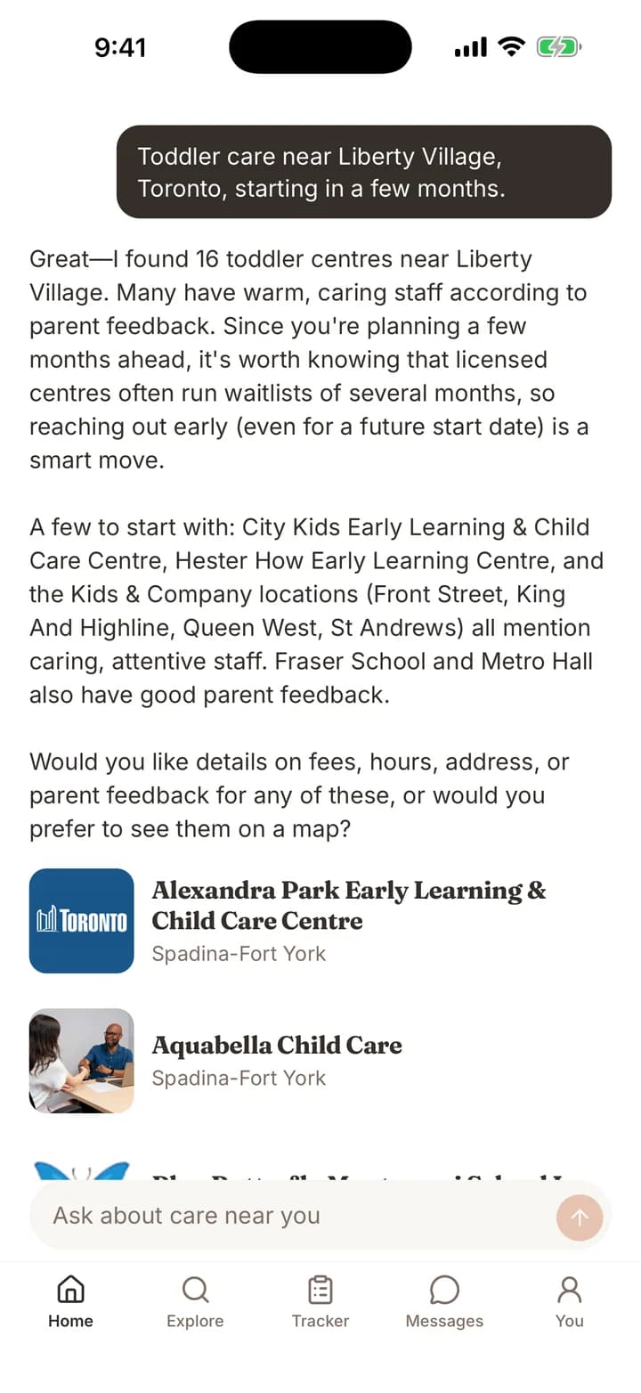 DaycareOn Home: a parent asks for toddler care and gets nearby centres with a short summary.