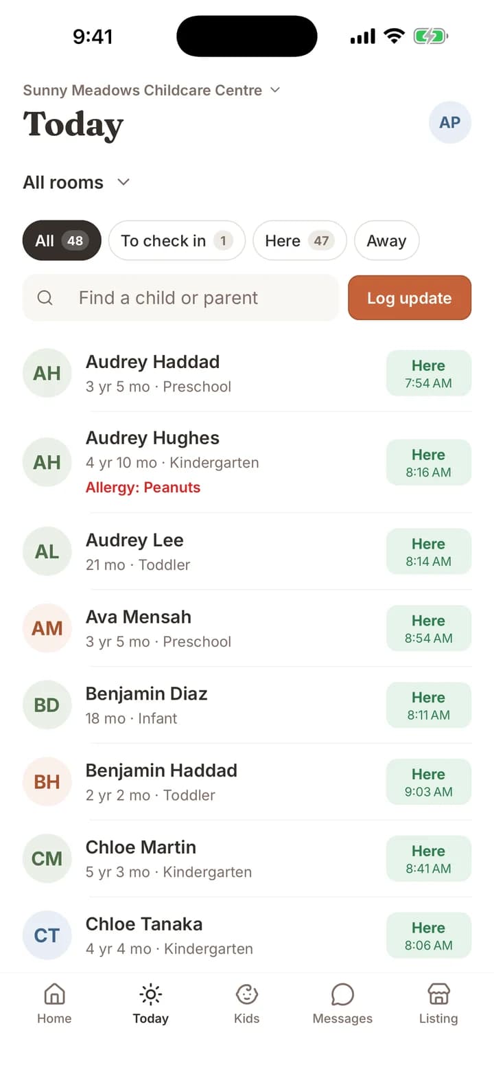 DaycareOn Today screen: children checked in with times and an allergy flag.