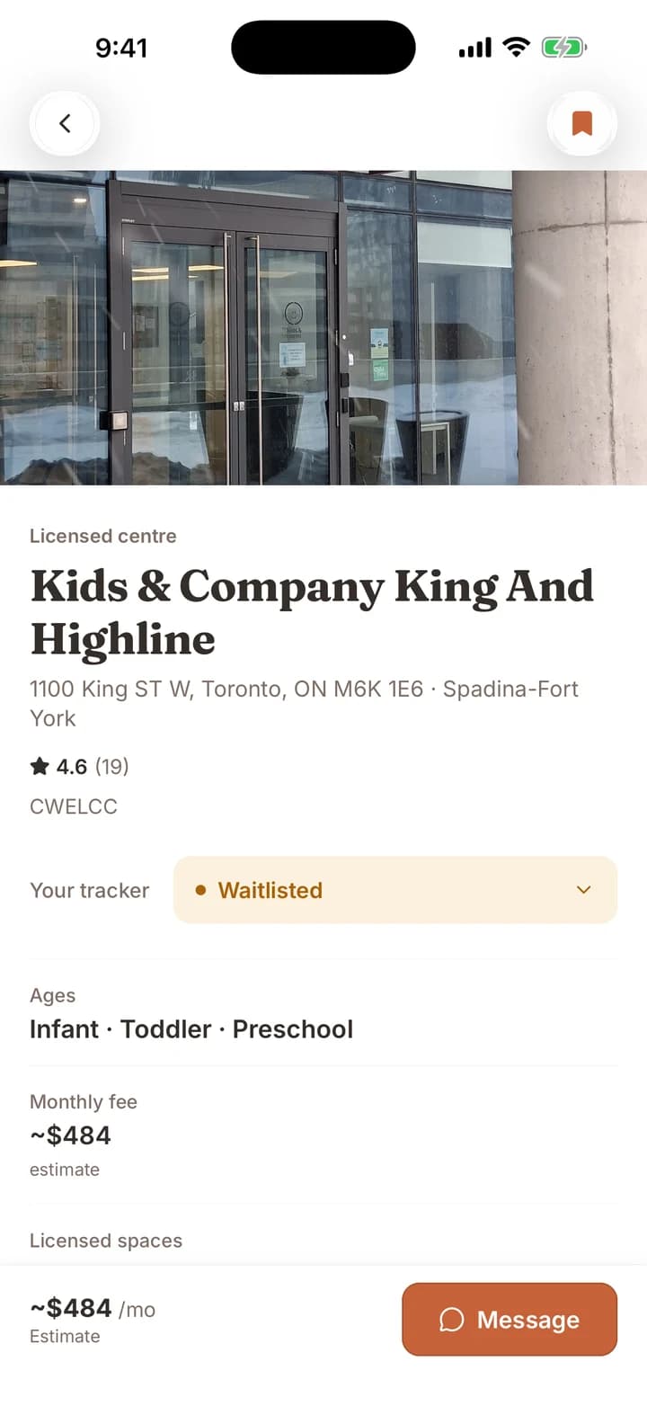 A daycare page in DaycareOn with the centre's photo, rating, ages, estimated fee and the family's tracker status.
