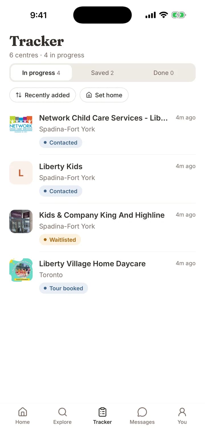 DaycareOn Tracker listing centres a family contacted, toured and joined the waitlist for.