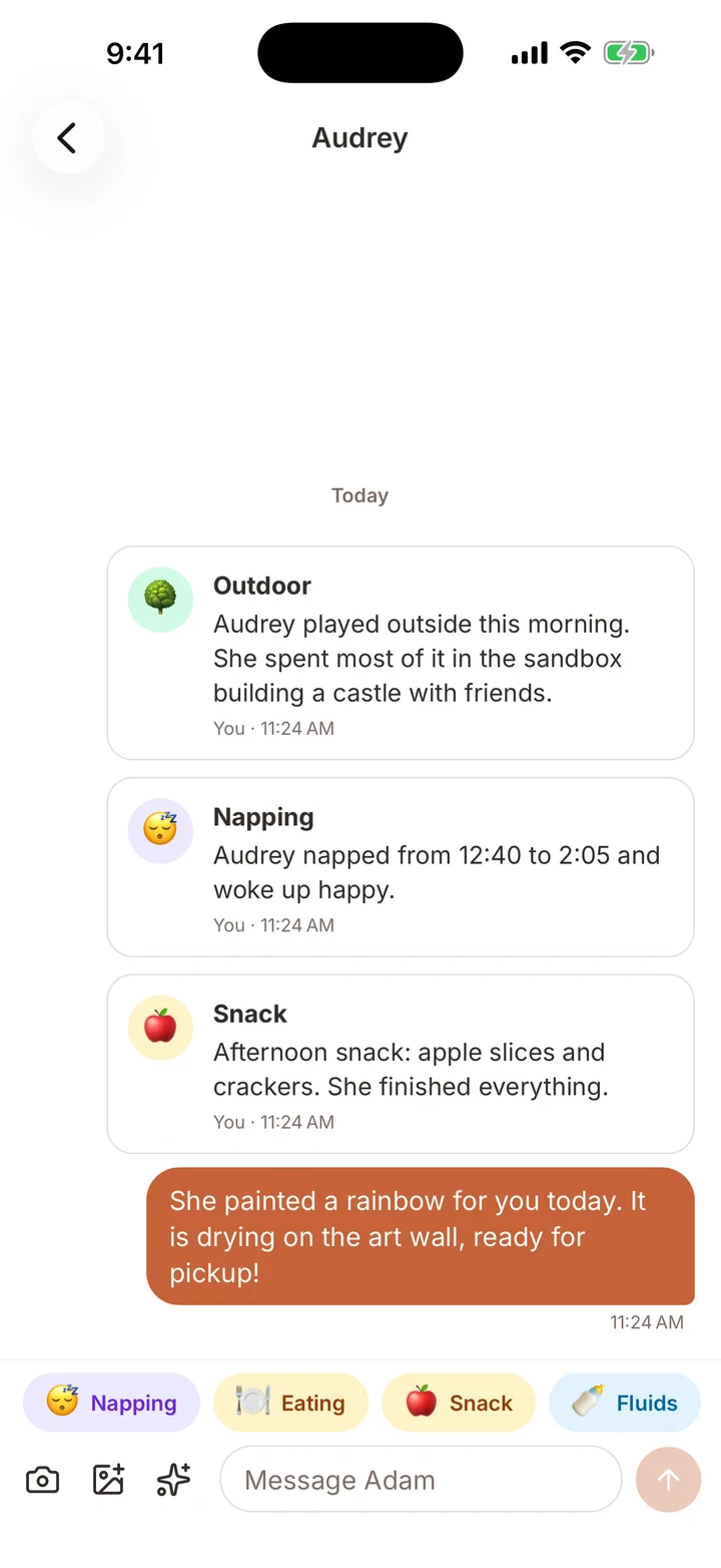 A child’s updates thread with outdoor play, nap and snack logged, plus a note to the parent.