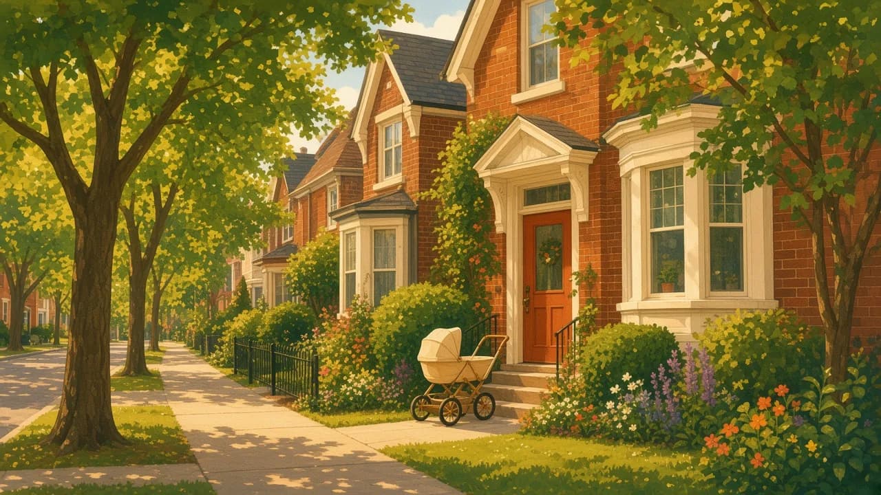 Editorial illustration of a neighborhood with small homes and a daycare.