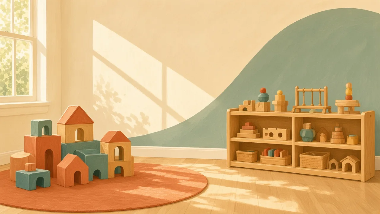 Illustration of children’s blocks in a classroom.