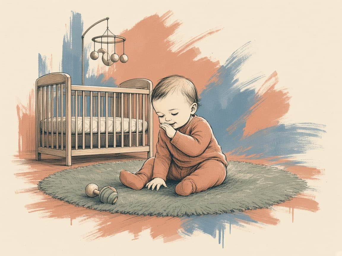 Illustration of a baby resting in a cot.