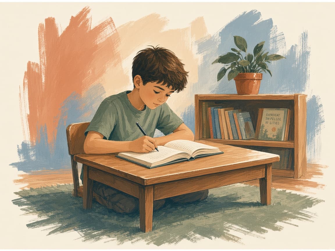 Illustration of a school-age child working at a desk.