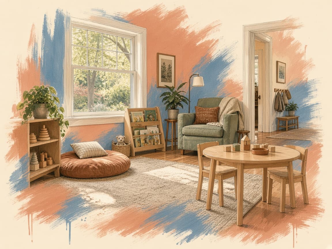 Editorial illustration of a home childcare play space.
