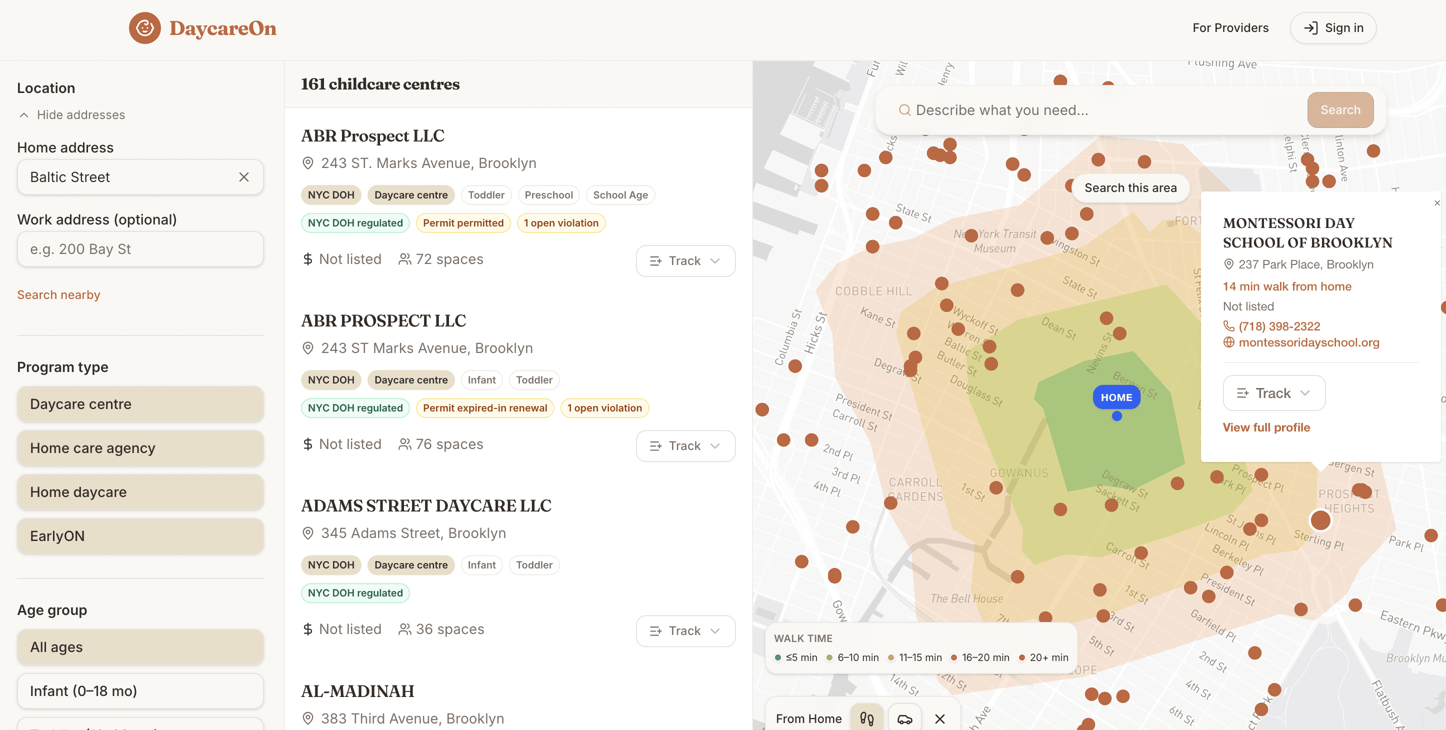 DaycareOn search results beside an interactive map with commute-time zones