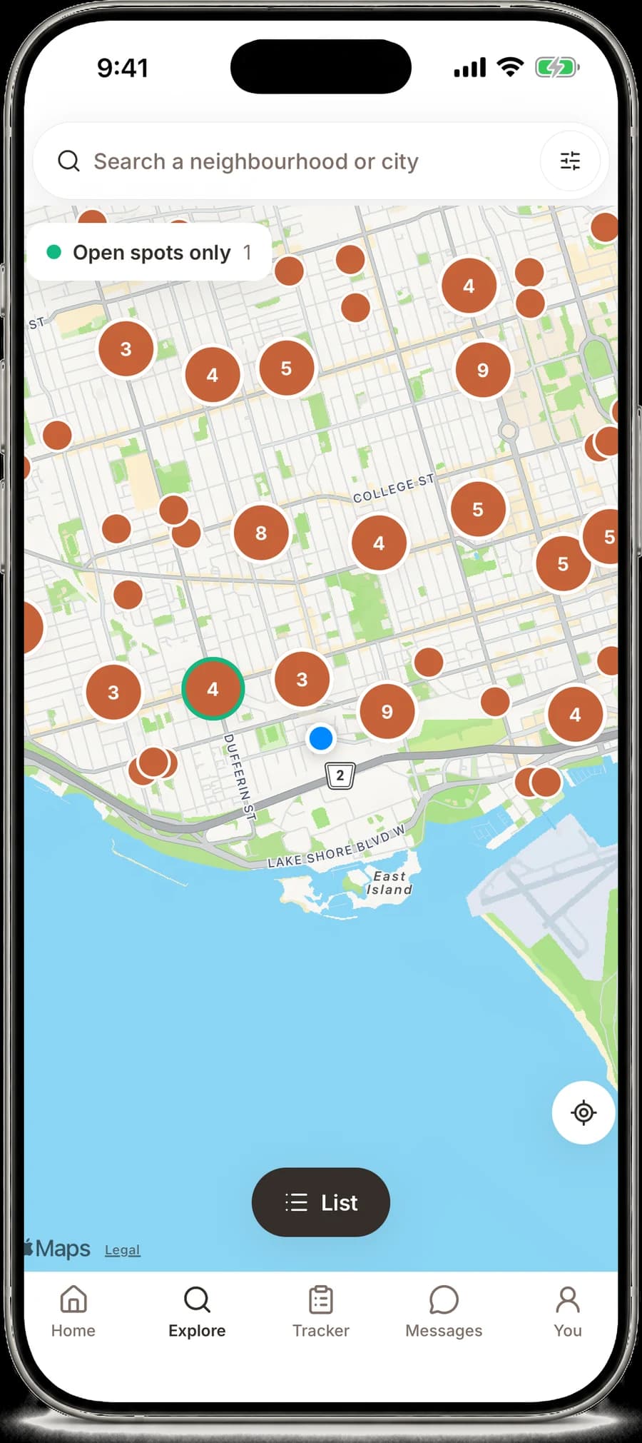 DaycareOn Explore map with nearby daycares and an open spots filter.