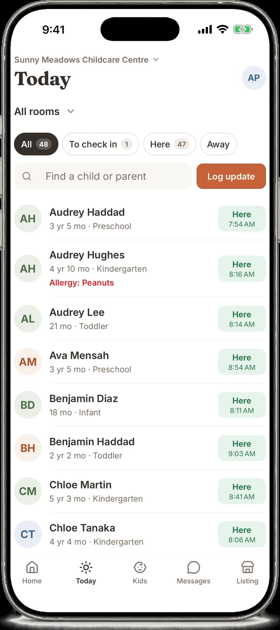 DaycareOn Today screen for a daycare: children checked in with times.