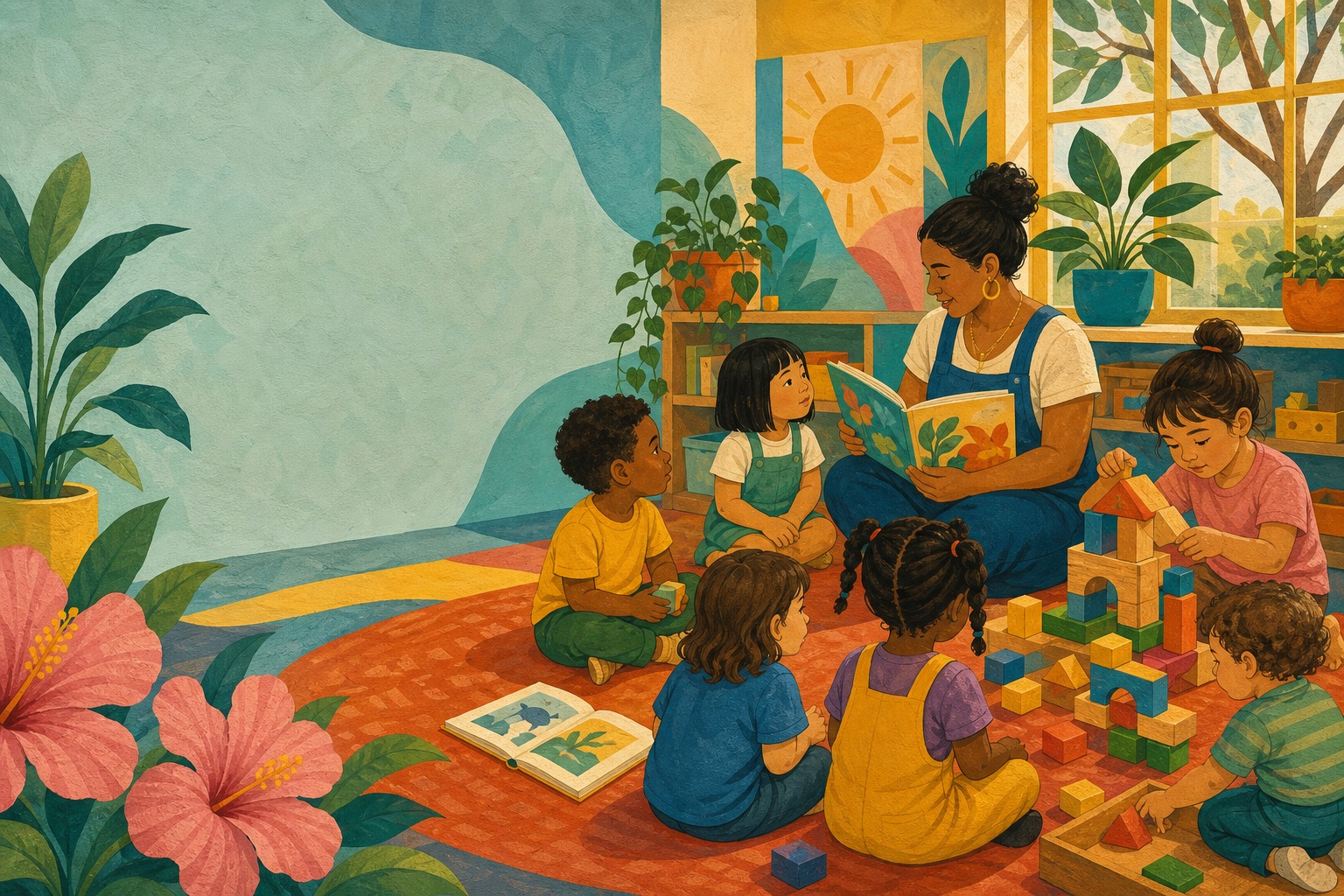 DaycareOn editorial illustration of an educator and children in a childcare room; this is not Maple Childcare Centre.